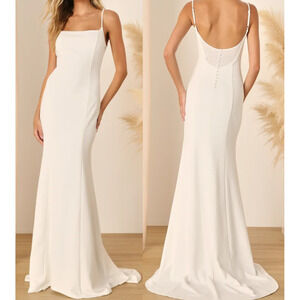 LULU'S SZ L Blessed Romance White Sleeveless Button Back Mermaid Maxi Dress B148